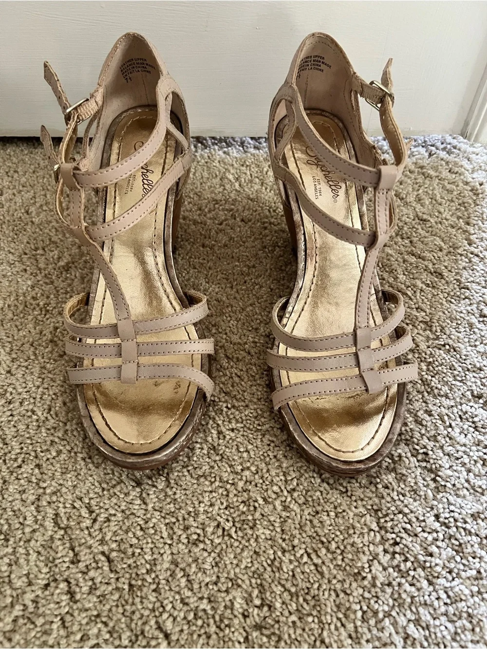 Seychelles Blush and Wood-Tone Strappy Wedge Sandals